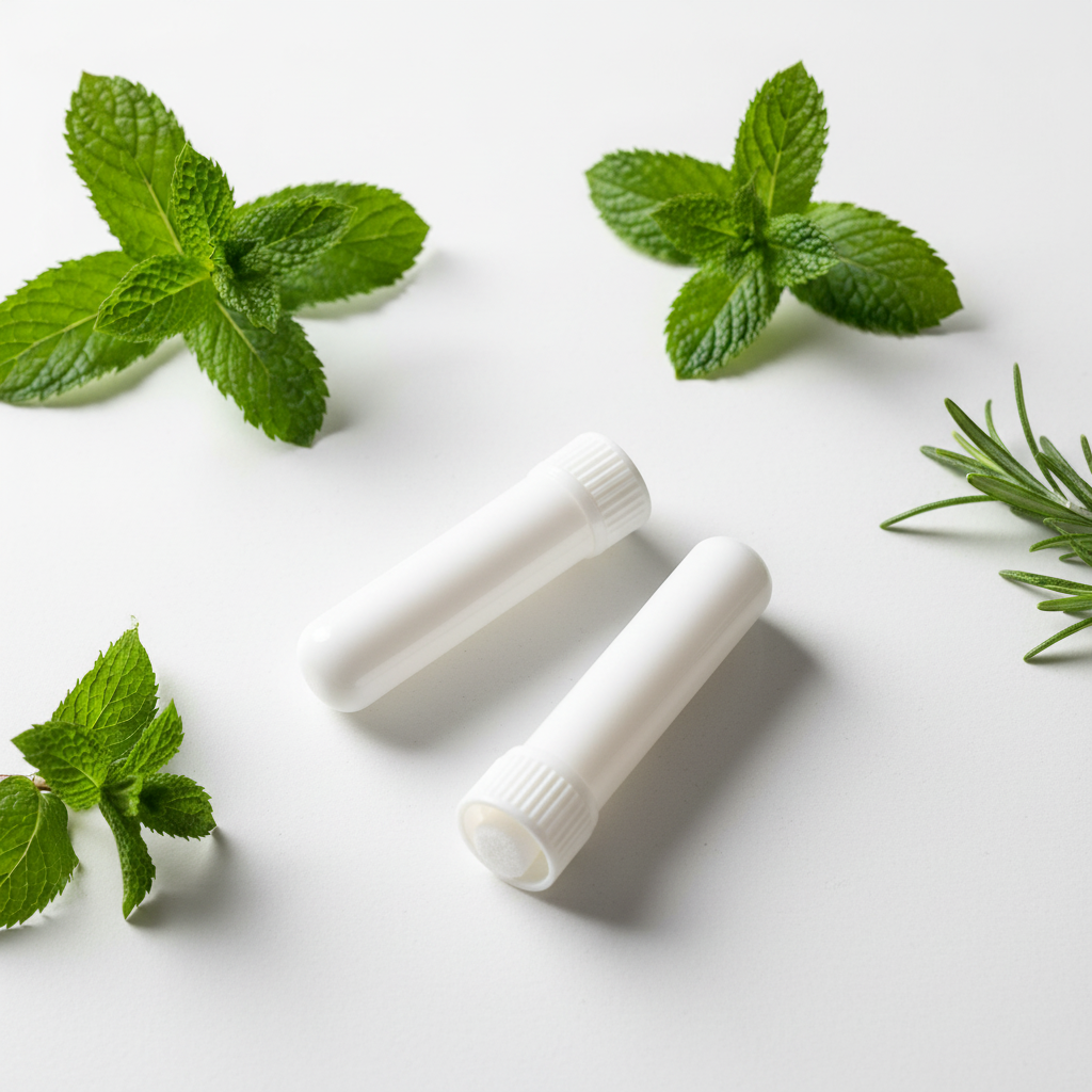 White aromatherapy inhalers with fresh peppermint and rosemary